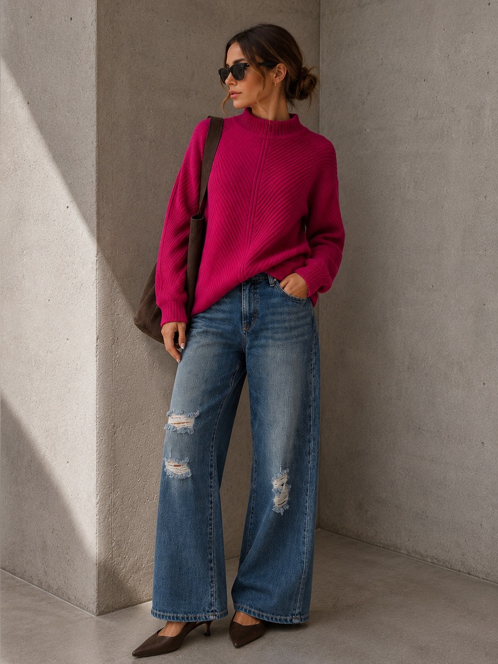 Marine Layer Bright Fuchsia Ribbed Mock Neck Sweater